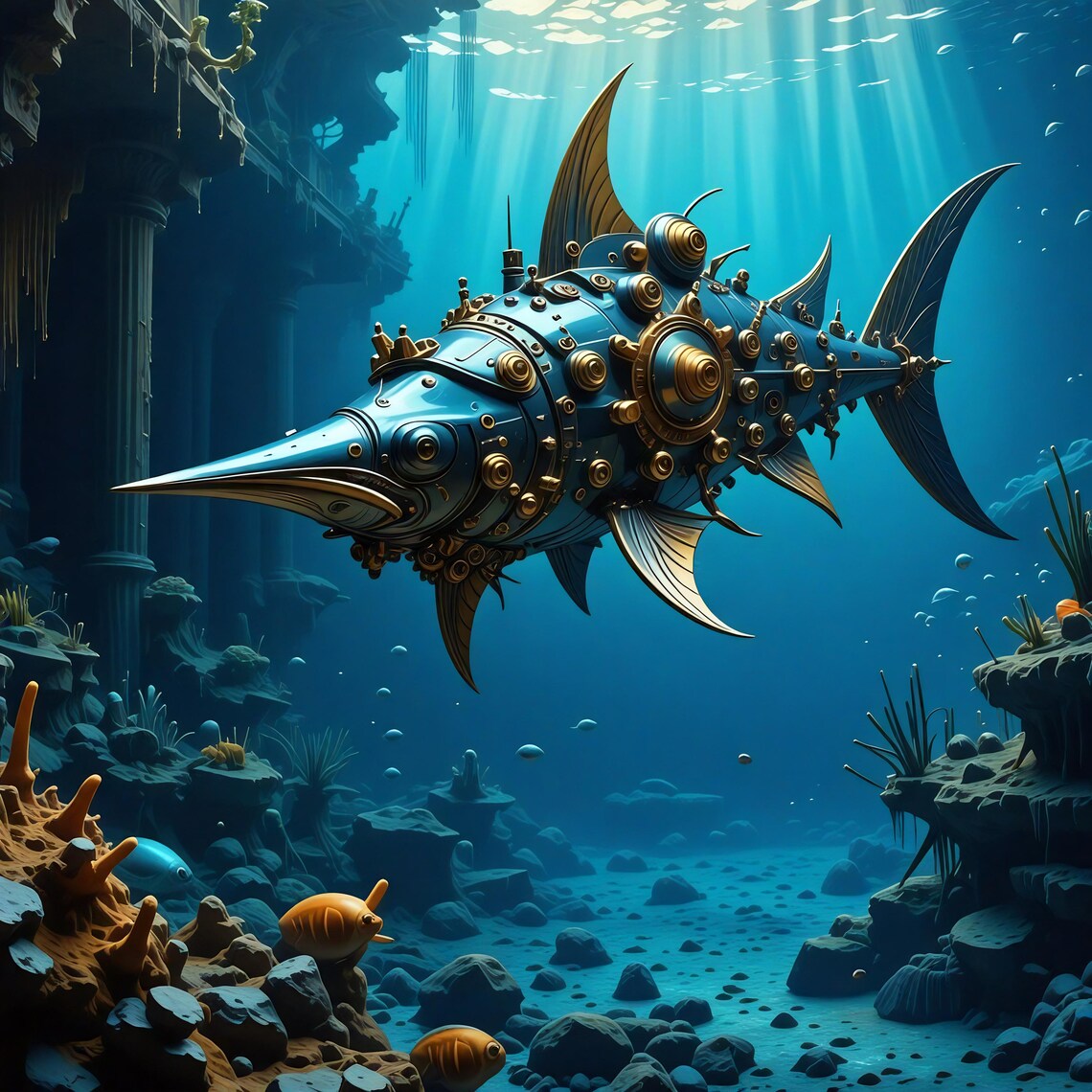 Steampunk Fish Print Underwater Fantasy Wall Art Steampunk Lover Gift Idea Oceanic Steampunk Home Dcor Nautical Instant
