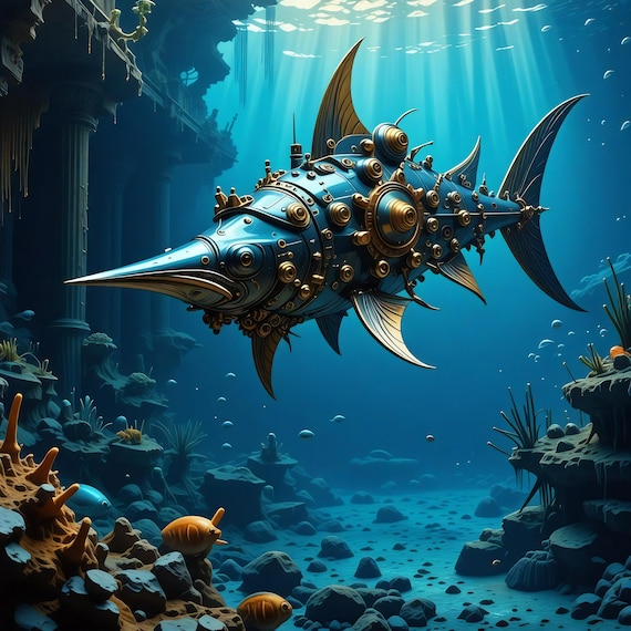 Steampunk Fish Print Underwater Fantasy Wall Art Steampunk Lover Gift Idea Oceanic Steampunk Home Dcor Nautical Instant