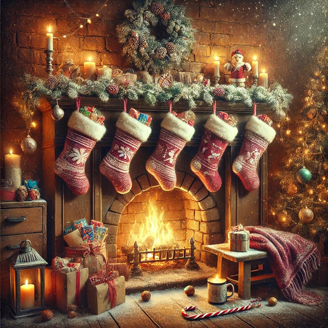 Christmas Stockings Hung By The Glowing Fireplace Vintage Art Poster
