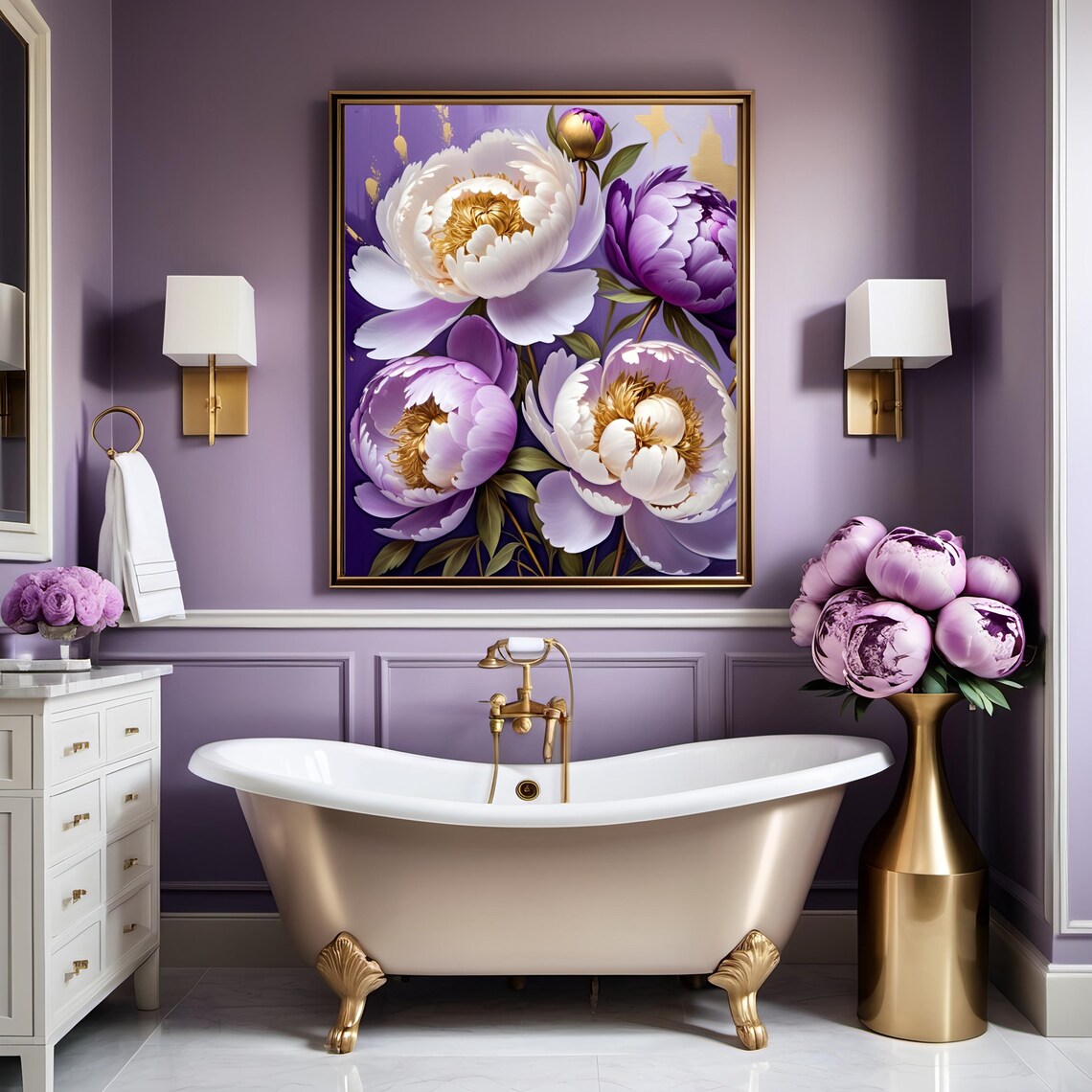 Purple White Peony Blooms Gold Accent Lavish Floral Art Poster - Image 2