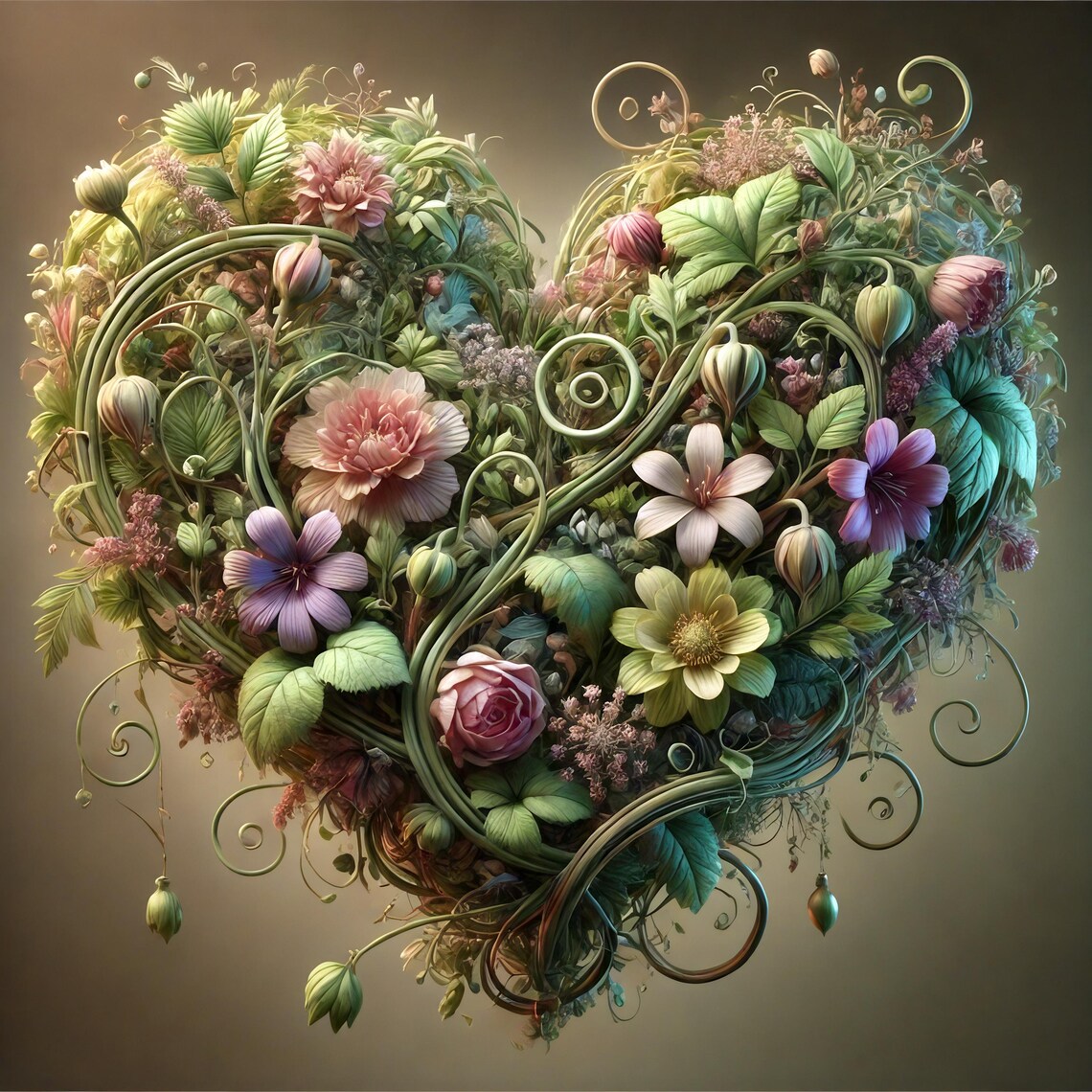 Botanical Heart Art Print, Romantic Floral Decor