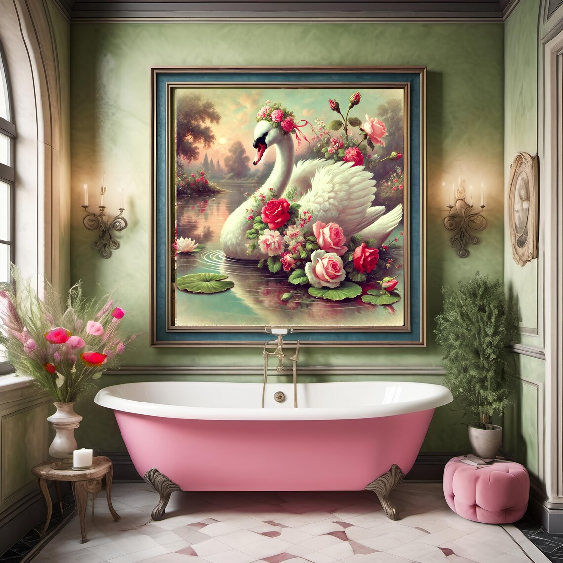 Vintage Swan With Roses, Victorian Romance Art Print - Image 2