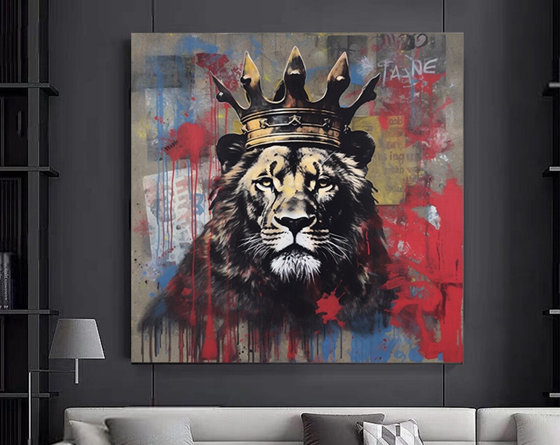 Bold Crowned Lion King Graffiti Red Blue Urban Street Art Poster