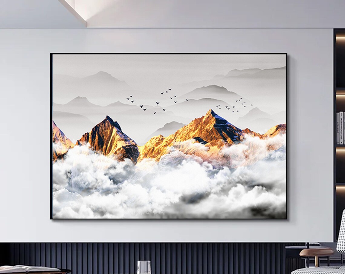 Golden Mountain Peaks Above Clouds Birds Minimalist Art Poster