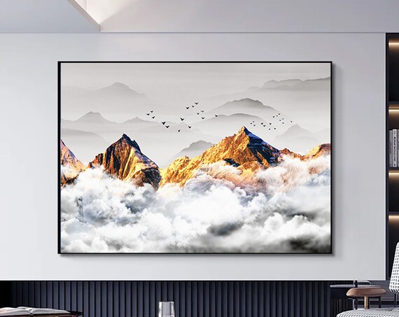 Golden Mountain Peaks Above Clouds Birds Minimalist Art Poster