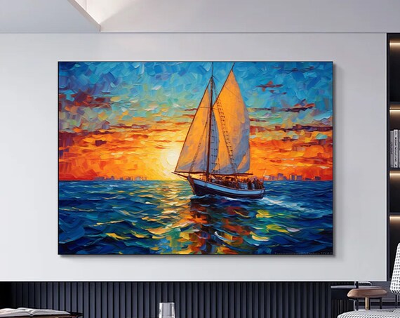 Sailboat Sunset Orange Sky Impasto Palette Knife Ocean Poster