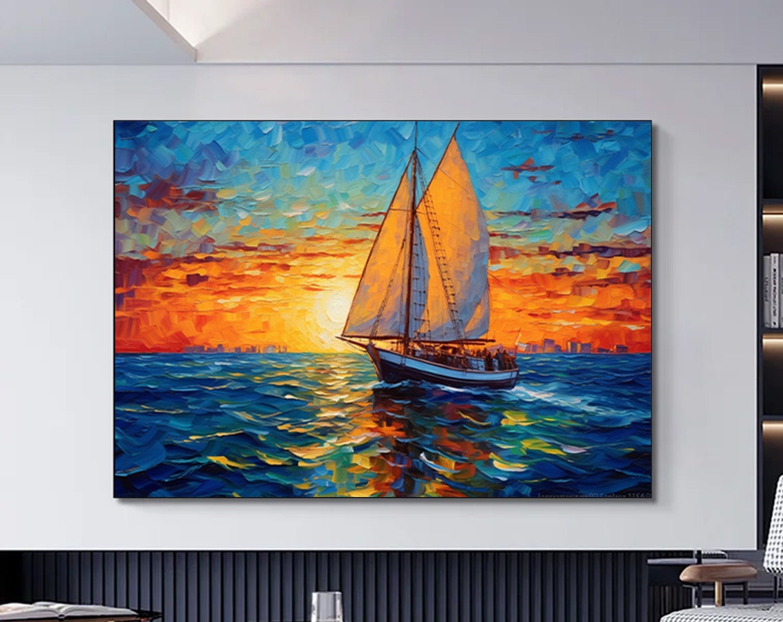 Sailboat Sunset Orange Sky Impasto Palette Knife Ocean Poster