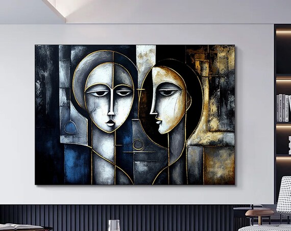 Cubist Couple Faces Black Gold Modern Abstract Style Art Poster