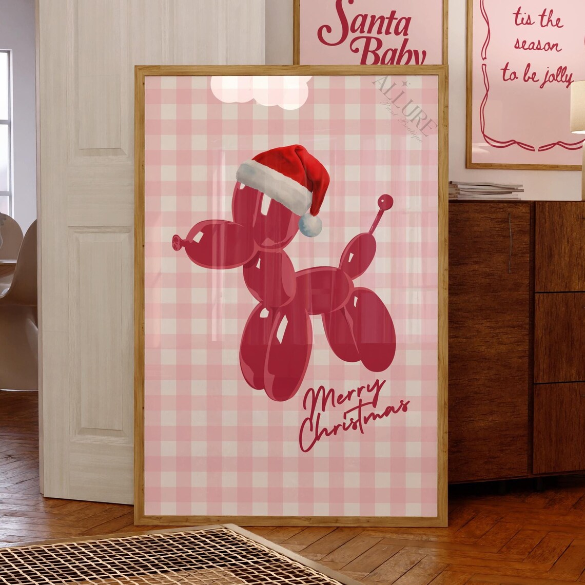 Merry Christmas Santa Balloon Dog Red on Pink Gingham Poster
