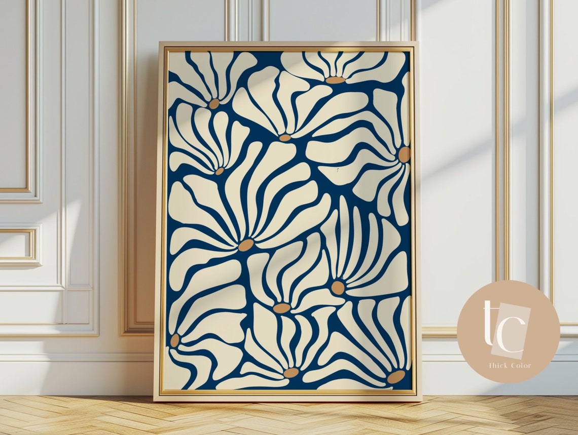 Cream Blossoms On Navy Retro Floral Pattern With Gold Poster