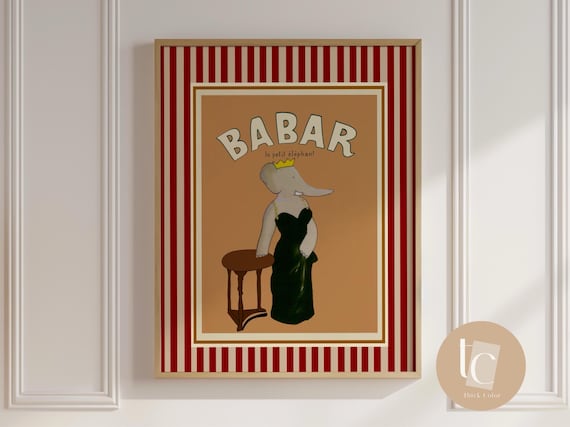 Babar the Elephant Evening Gown Vintage Striped Nursery Wall Art