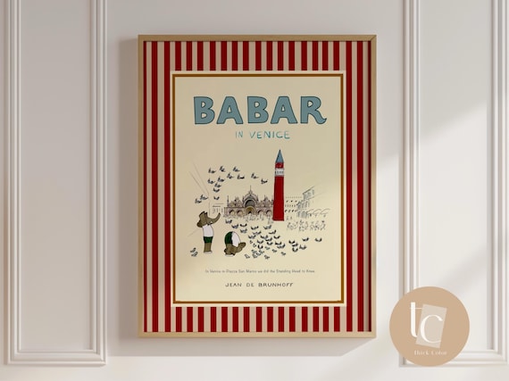 Babar The Elephant In Venice Wall Art Retro Kids Decor Quote Genre Neutral Baby Illustration Nursery Print