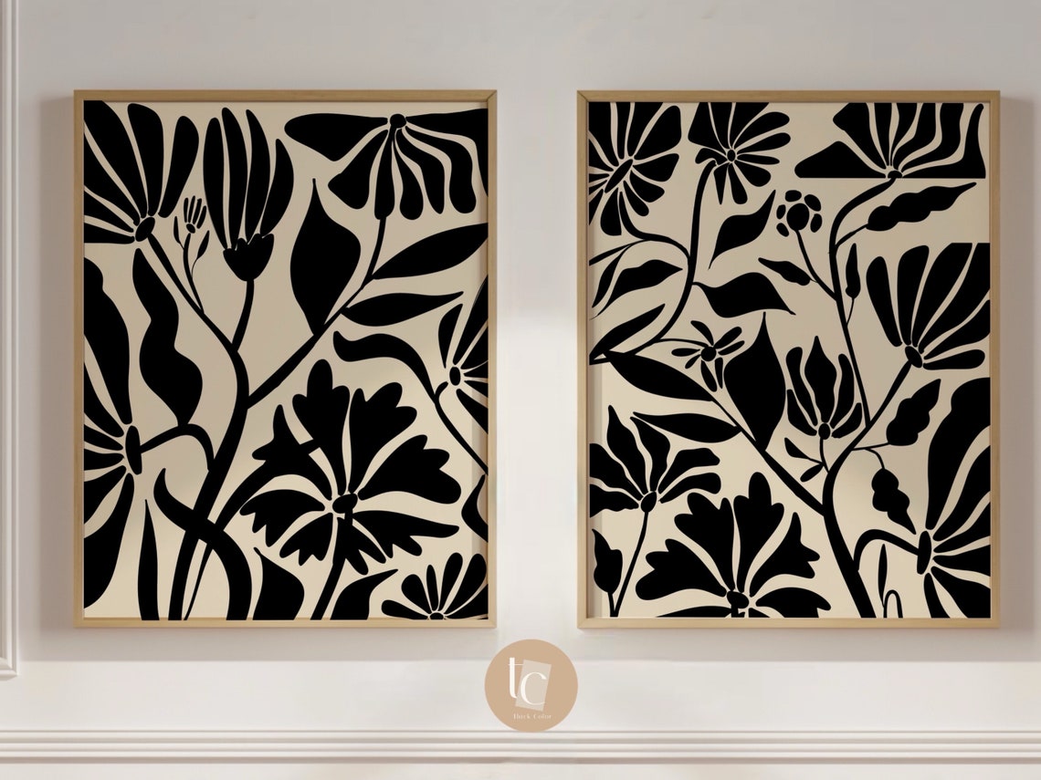 Set of Two Black Botanical Silhouette Pieces on Cream Floral Poster