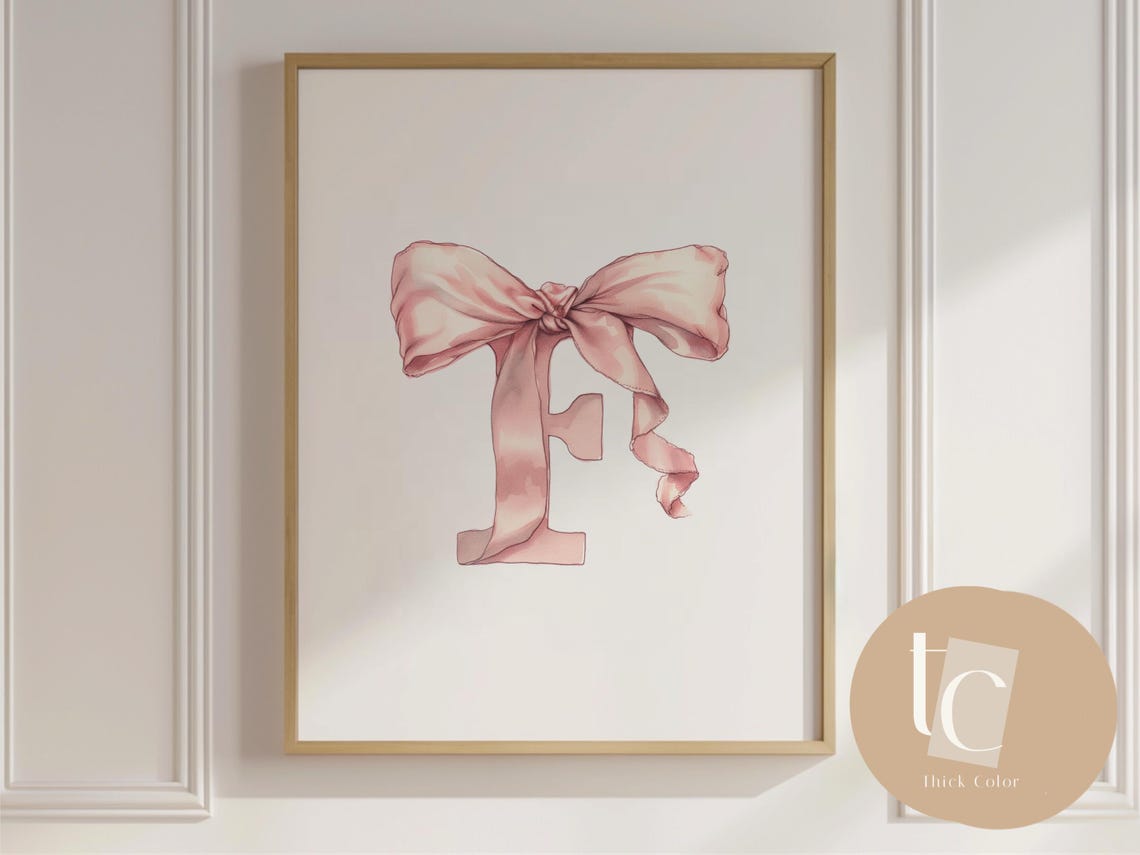 Pink Ribbon Initial Letter F Watercolor Monogram Nursery Poster