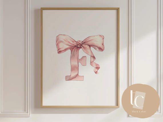 Baby Initial Pink F Watercolor Nursery Vintage Bow Print Ribbon Wall Art Prints Girl Decor Alphabet