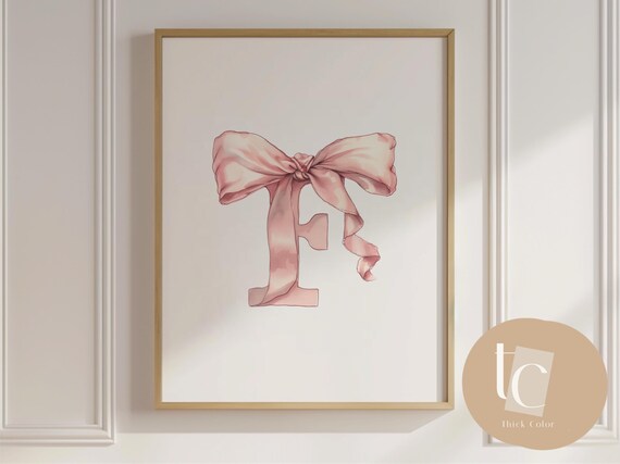 Pink Ribbon Initial Letter F Watercolor Monogram Nursery Poster