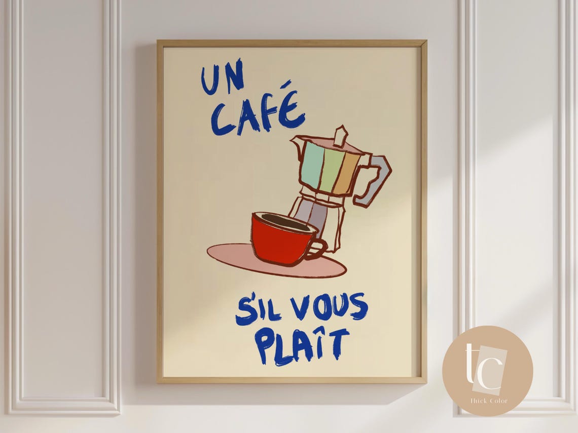Un Café Sil Vous Plait French Coffee Poster Moka Pot Illustration Art