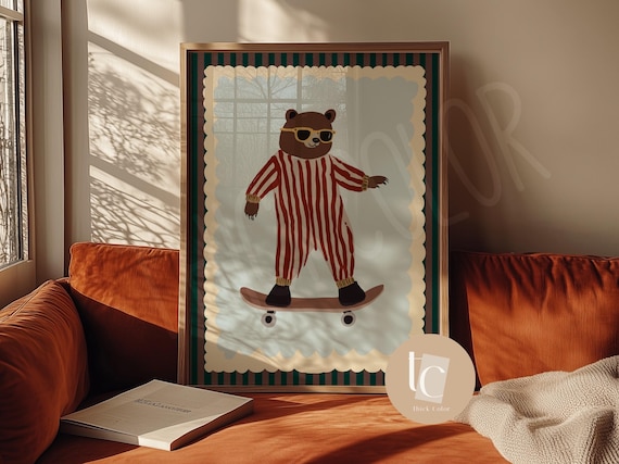 Cool Bear Skateboarding Nursery Retro Kids Art Print