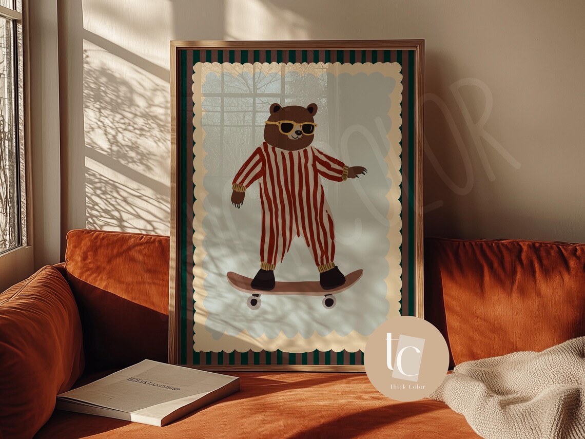 Cool Bear Skateboarding Nursery Retro Kids Art Print