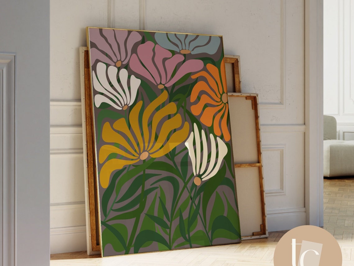 Bold Colorful Abstract Flowers Retro 70s Botanical Art Poster