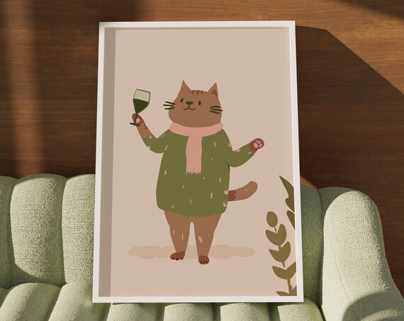 Sophisticated Cat Poster Hand Drawn Cute Cat Lady Art Fun Kitten Poster Cats Doing Things Cat Illustration Funky Aesthetic Art