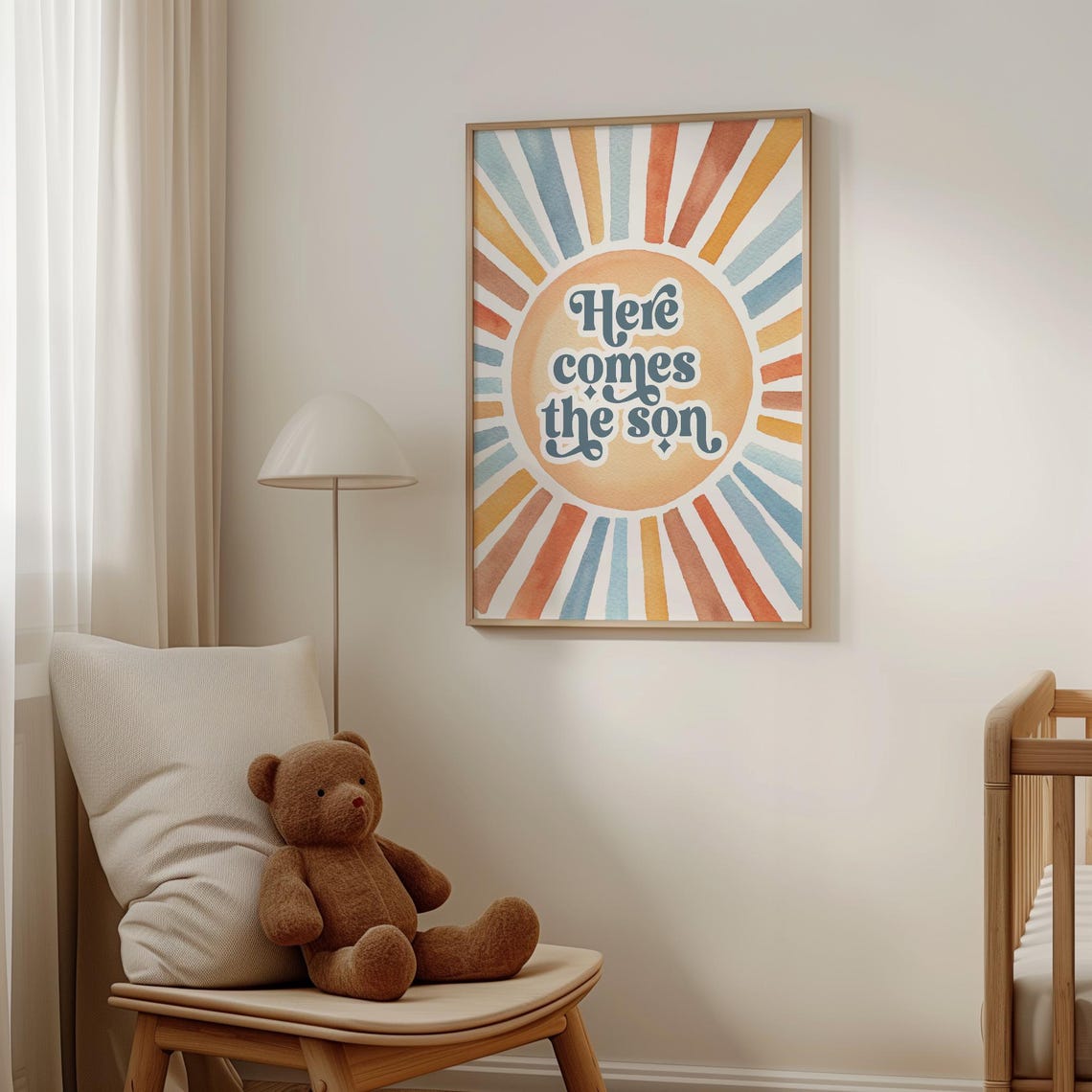 Here Comes The Son Baby Boy Announcement Boho Sun Rays Nursery Poster - Image 2