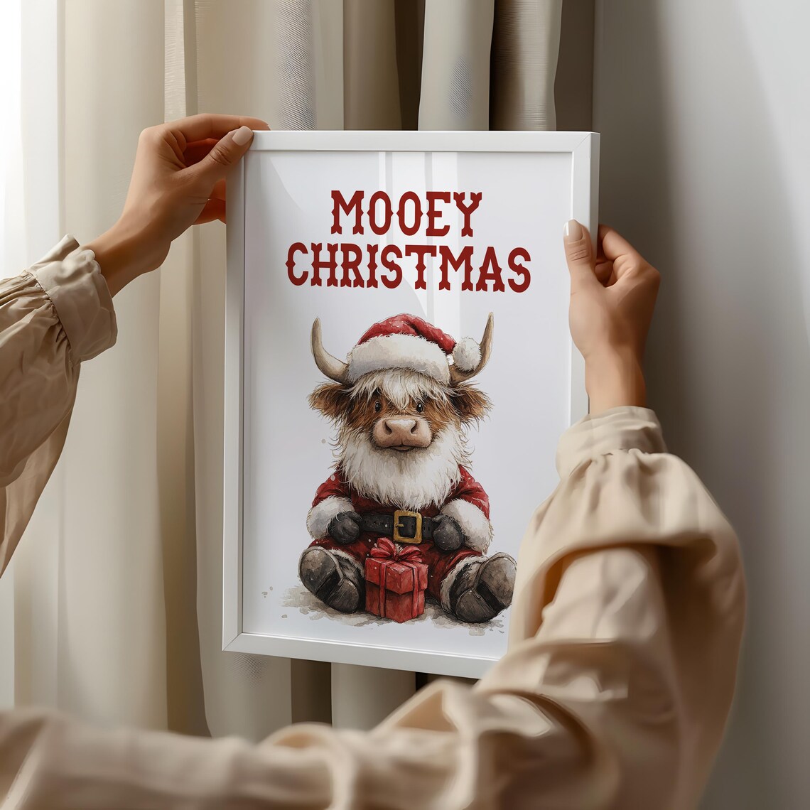 Mooey Christmas Highland Cow Santa Suit Watercolor Funny Art Print - Image 2