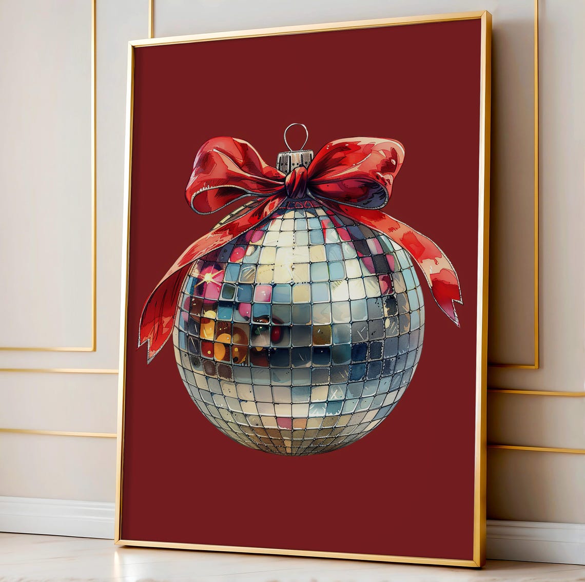 Disco Ball Christmas Ornament Red Bow Retro Holiday Party Wall Art
