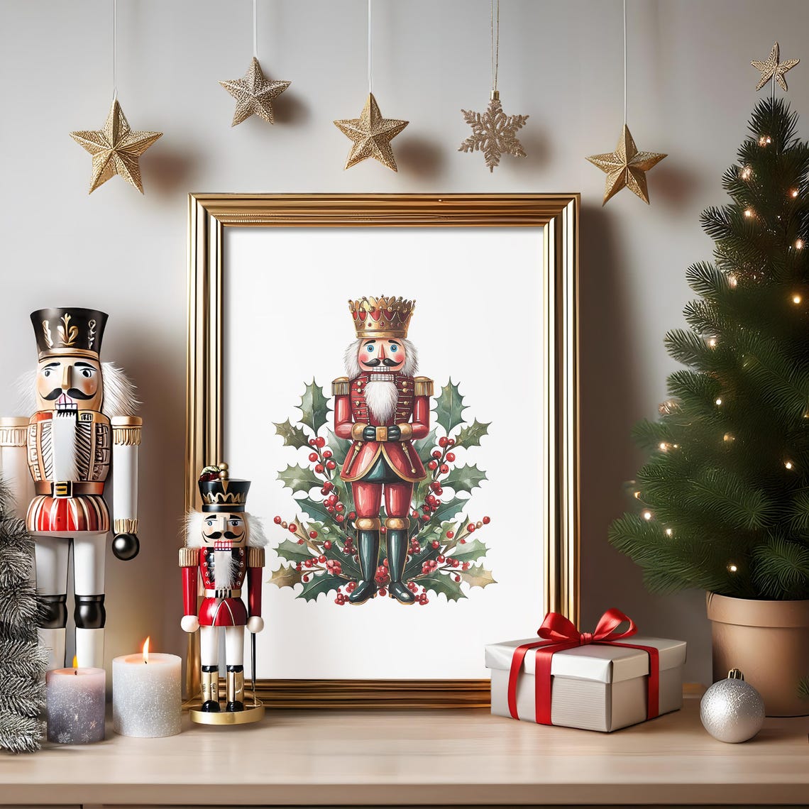 Nutcracker Soldier Holly Berry Wreath Christmas Holiday Wall Art