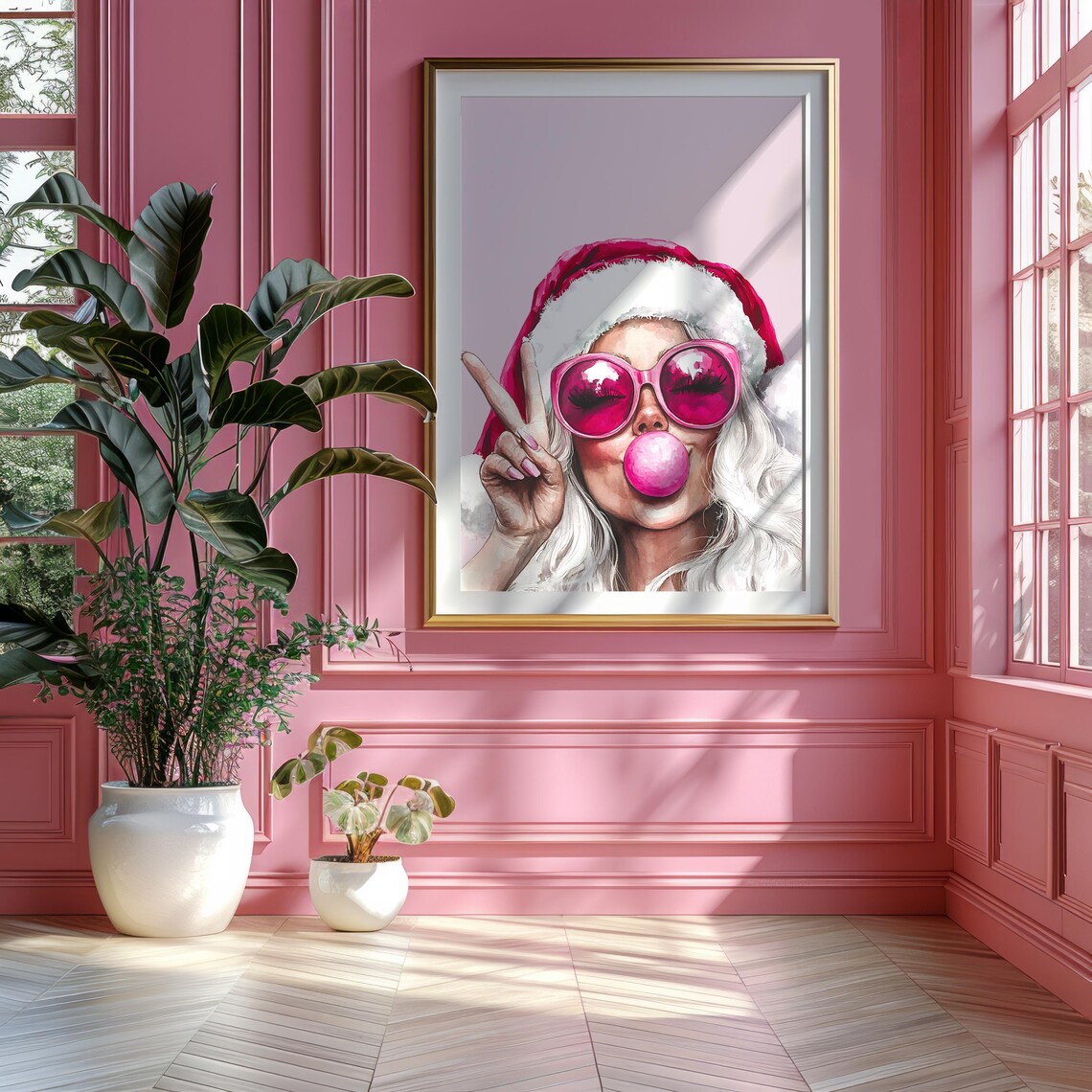 Pink Santa Couple Bubblegum Blowing Peace Sign Mrs Claus Duo Poster - Image 2