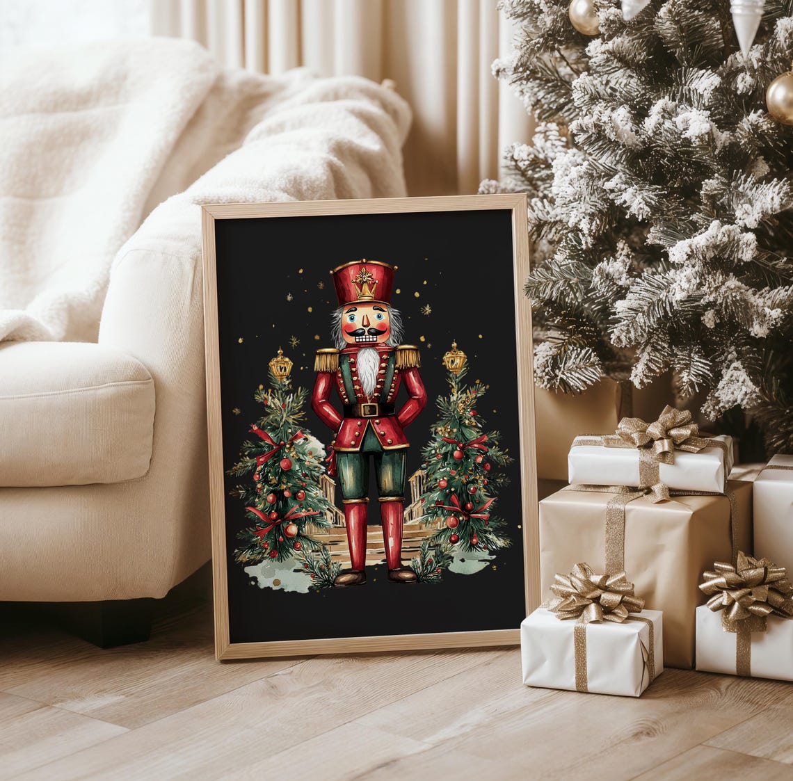 Nutcracker Soldier Christmas Trees Black Background Holiday Wall Art - Image 2