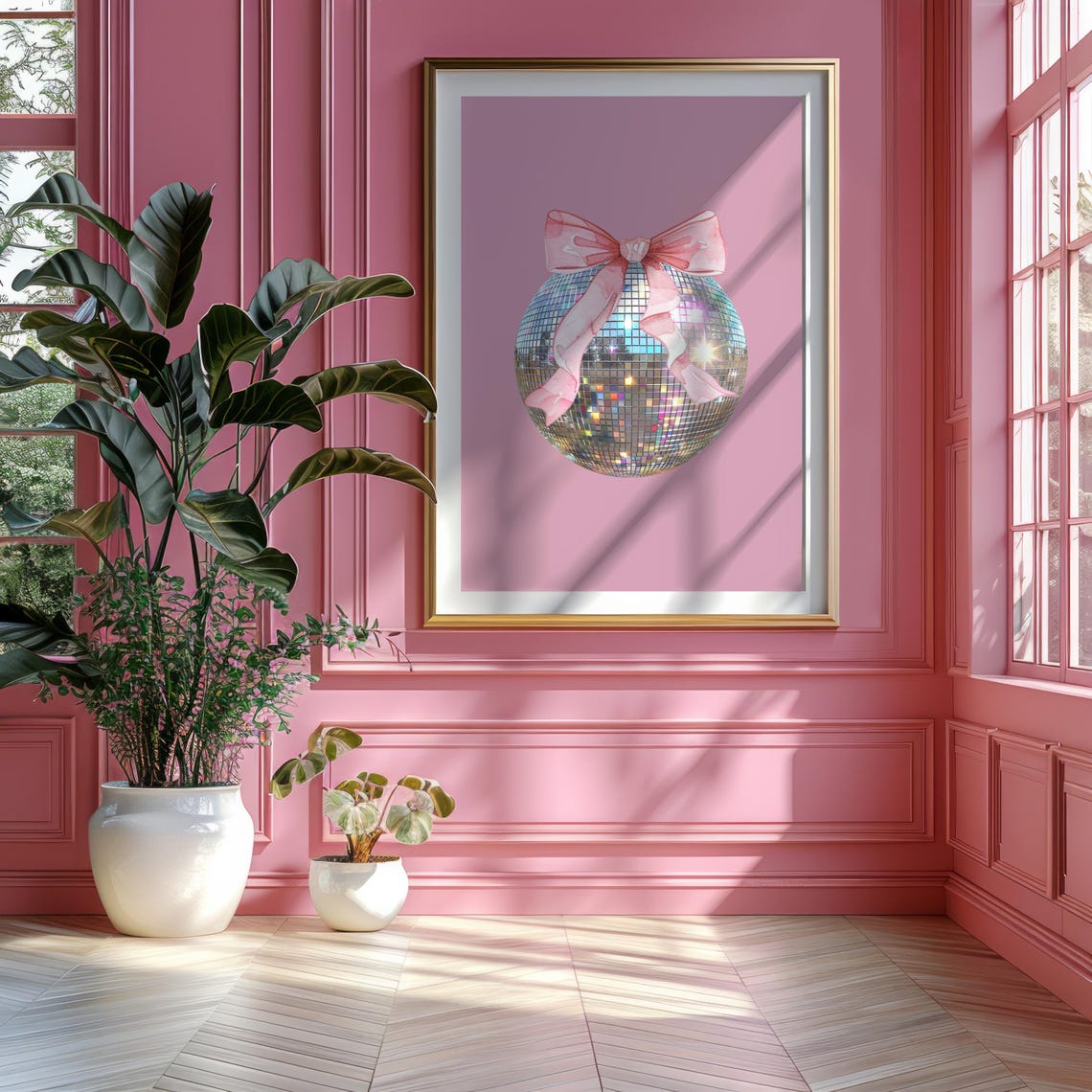 Disco Ball With Pink Bow Sparkling Ornament Retro Holiday Chic Poster - Image 2