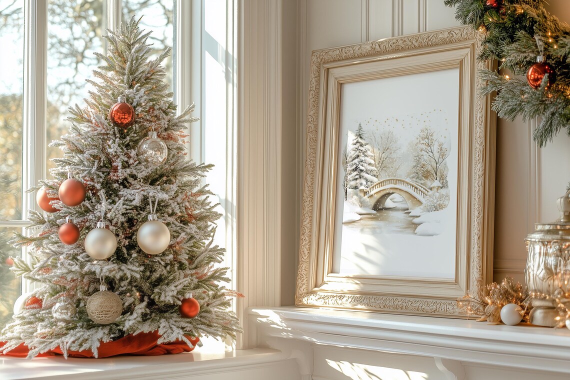 Winter Snowy Bridge Stone Arch Watercolor Christmas Scene Print - Image 2