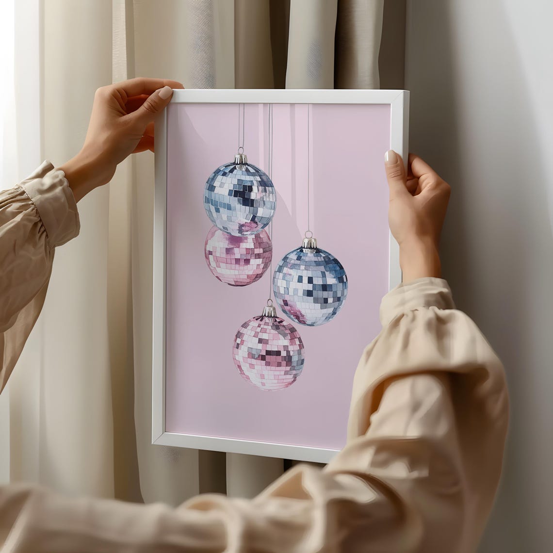 Disco Ball Christmas Ornaments Pink Blush Watercolor Party Print - Image 2