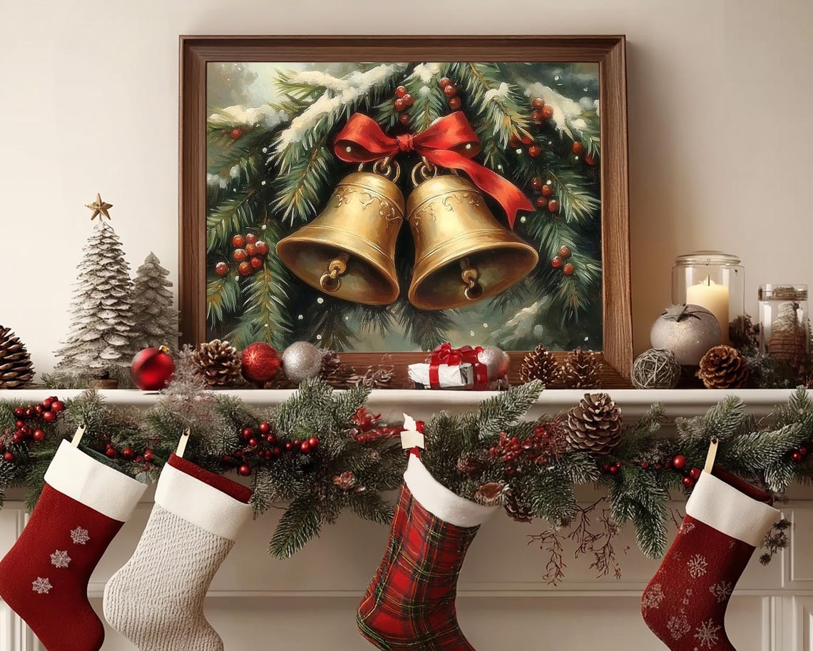 Vintage Christmas Wall Art Christmas Jingle Bells Print Winter Holiday Decor Antique Christmas Golden Bells Neutral Oil Painting Winter Pine - Image 6