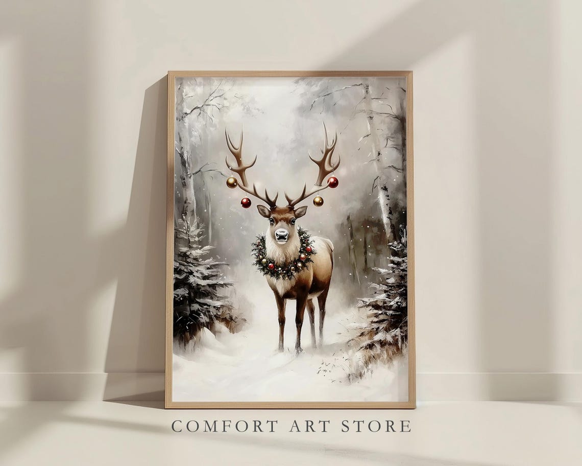 Majestic Deer with Christmas Ornaments on Antlers Snow Poster - Image 7