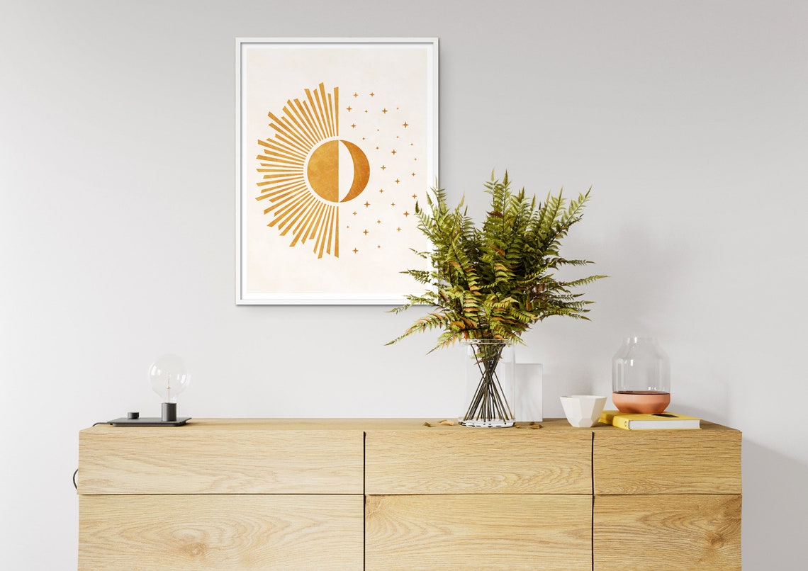 Boho Sun Moon Print Boho Wall Art Boho Day And Night Mid Century Modern Sunburst Print Minimalist Sunshine Boho Crescent Moon - Image 2