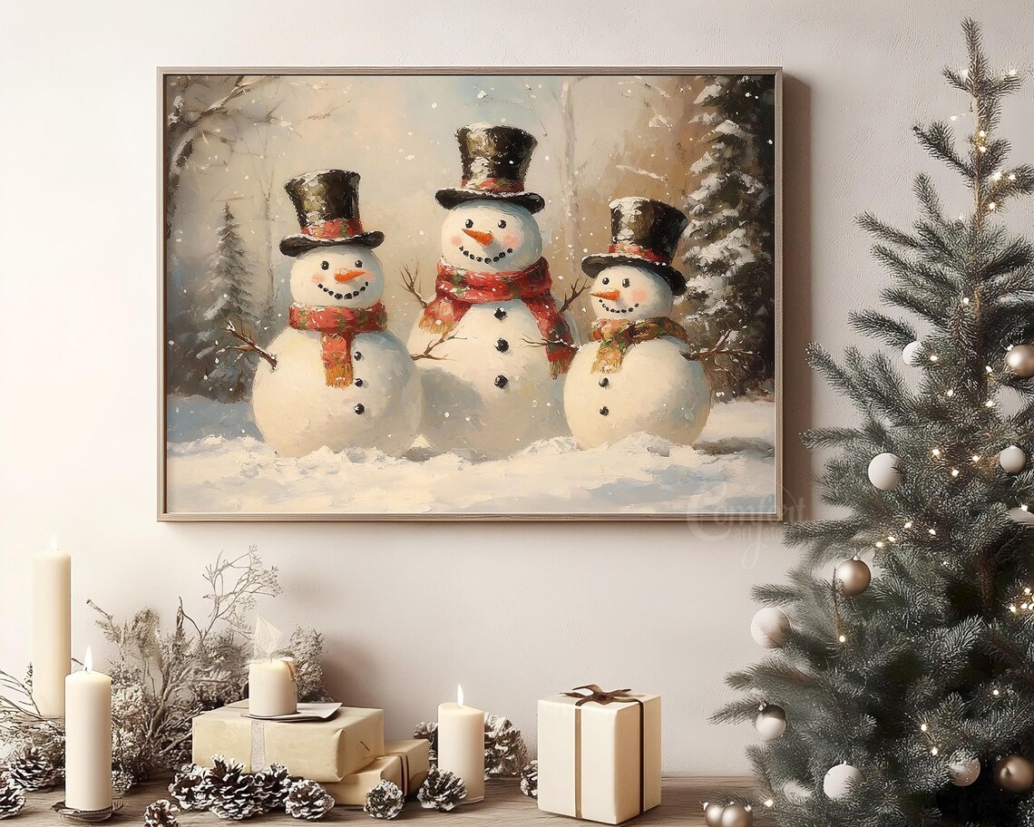 Jolly Smiling Snowman Trio with Top Hats in Gentle Snowfall Poster - Image 8