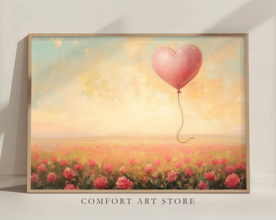 Pink Heart Balloon Rose Field Sunset Romantic Painting Art Poster - Image 3