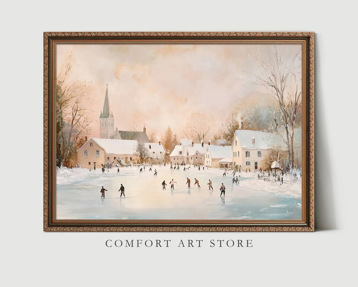Winter Skaters on Frozen Lake by Village Church Steeple Wall Art - Image 7