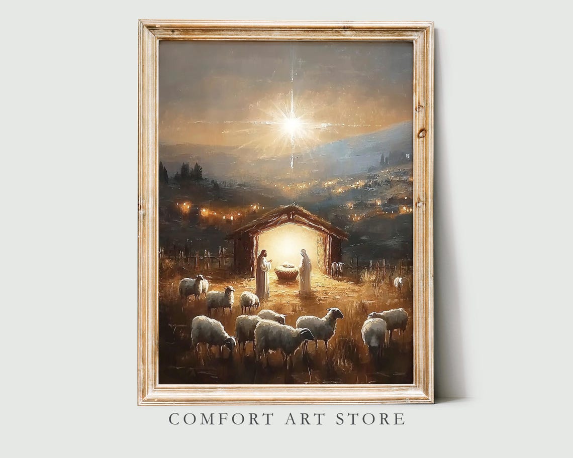 Nativity Stable Under the Star of Bethlehem Night Scene Poster