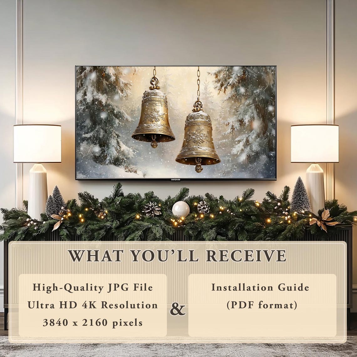 Golden Antique Christmas Bells Hanging In A Snowy Pine Forest Poster - Image 7