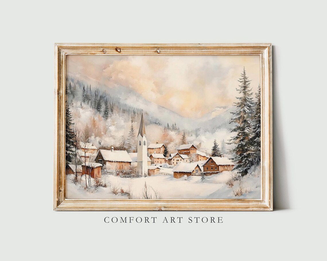 Snowy Alpine Village with Church Misty Mountain Winter Poster