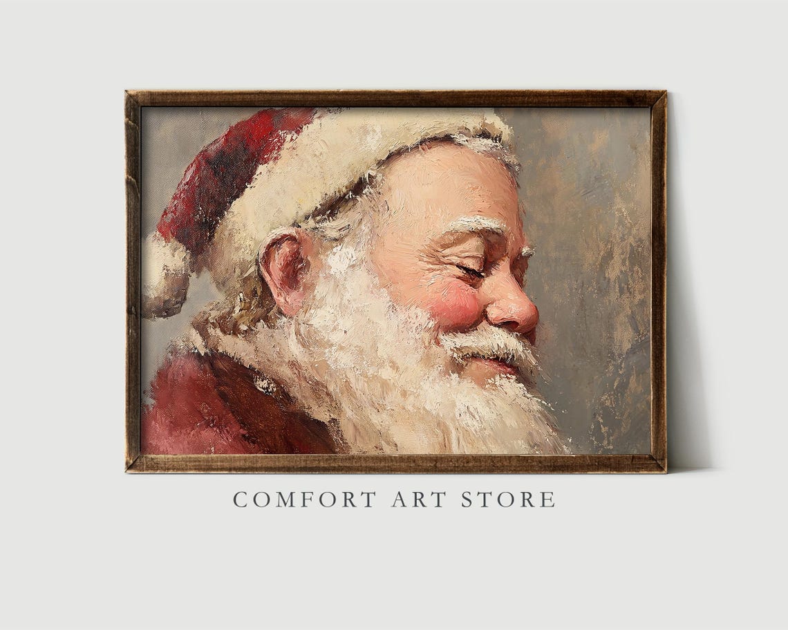 Antique Vintage Santa Claus Portrait Print Smiling Santa Claus Close Up Portrait Wall Art Christmas Scene Painting Neutral Print - Image 2