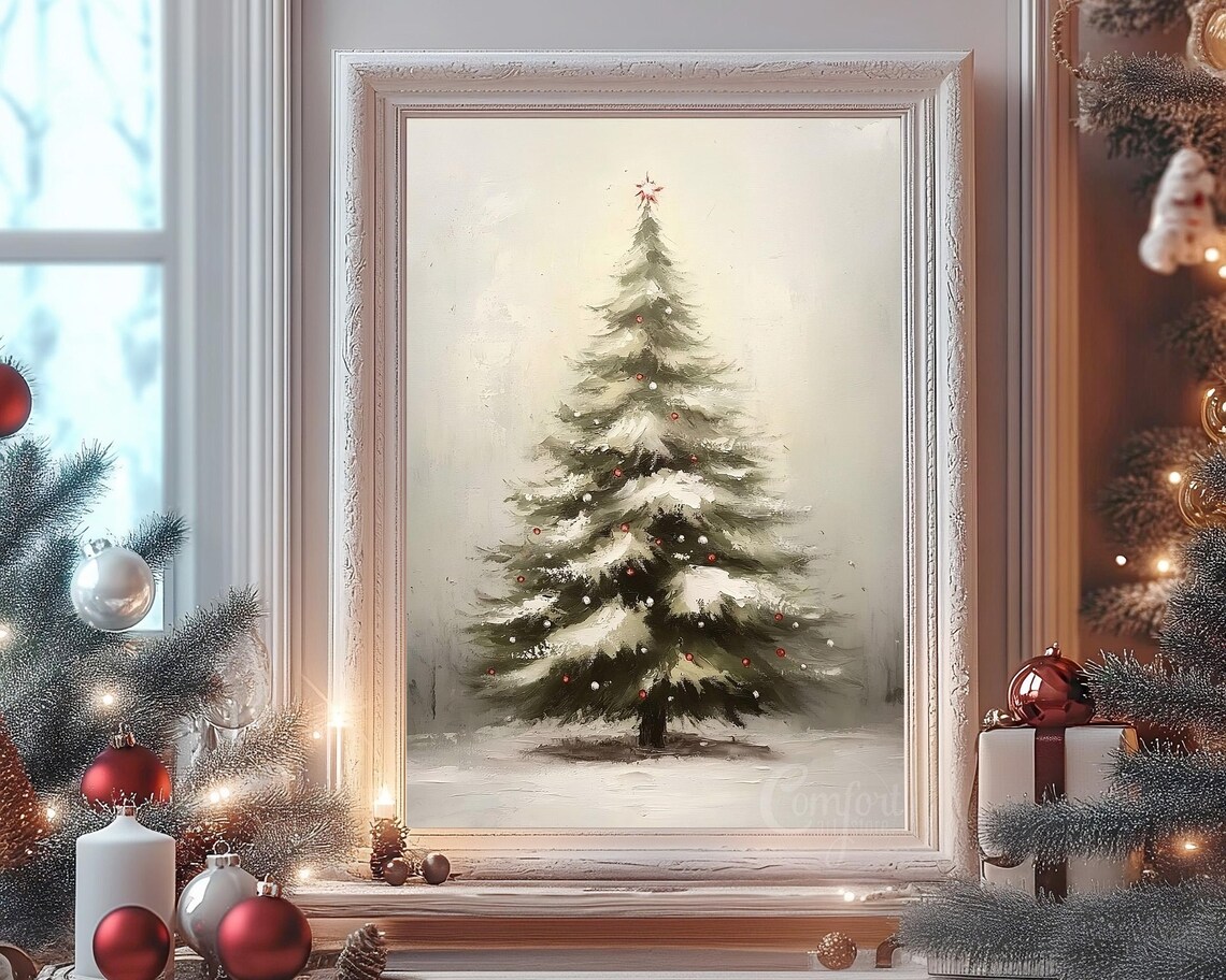 Vintage Snowy Christmas Tree With Red Berries And Gold Star Wall Art - Image 8