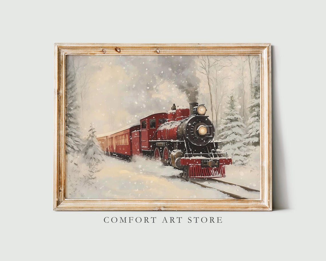 Red Passenger Train Rolling Through Winter Snowfall Wall Art