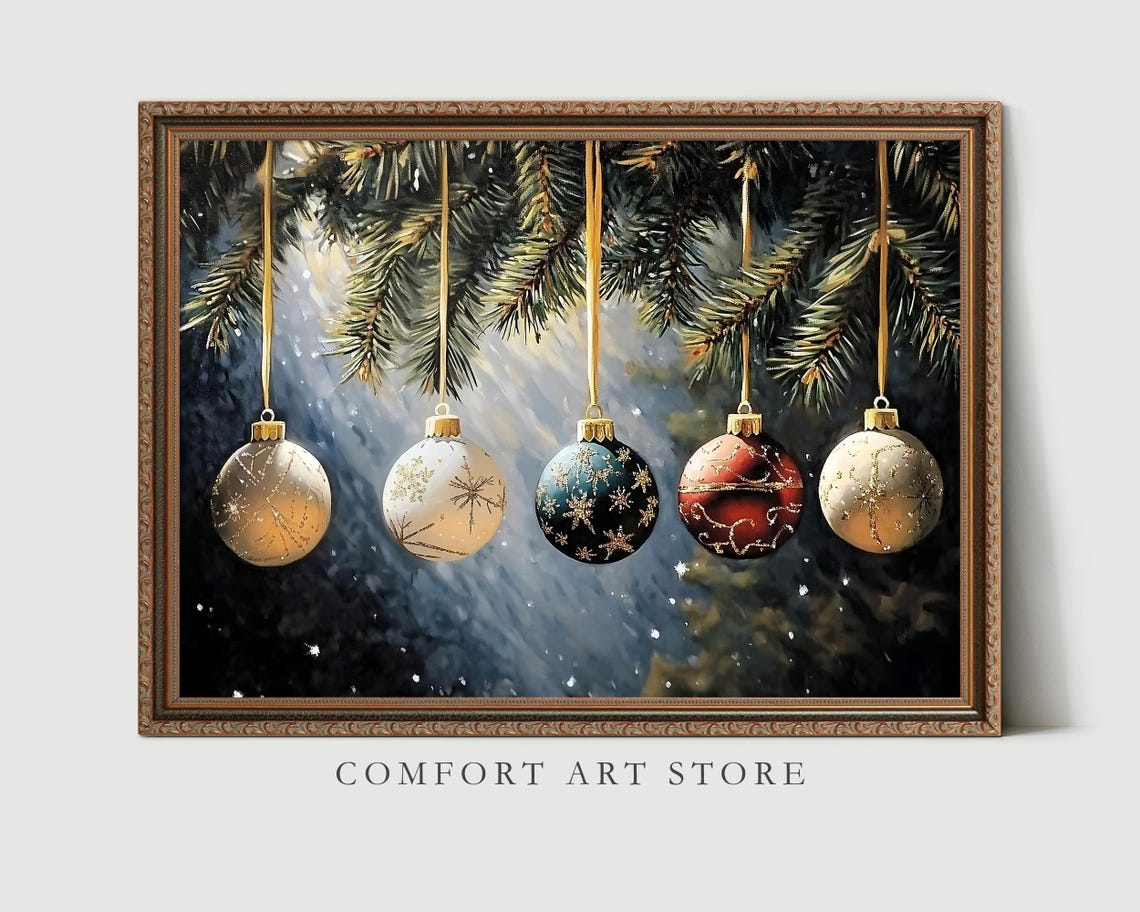 Five Christmas Ornaments Hanging on Snowy Pine Branches Poster - Image 4