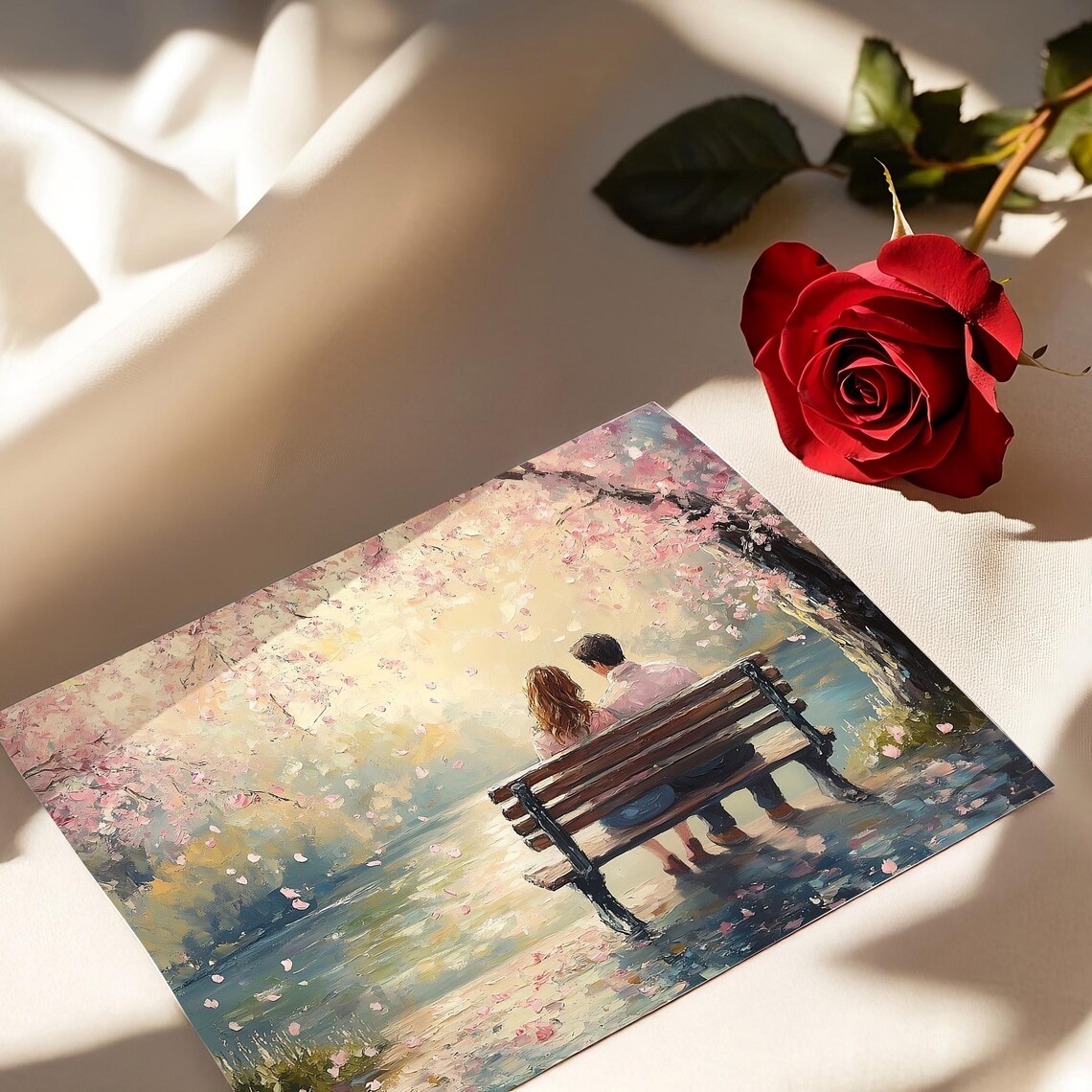 Romantic Couple Bench Cherry Blossom Sunset Lake Valentines Day Poster - Image 2