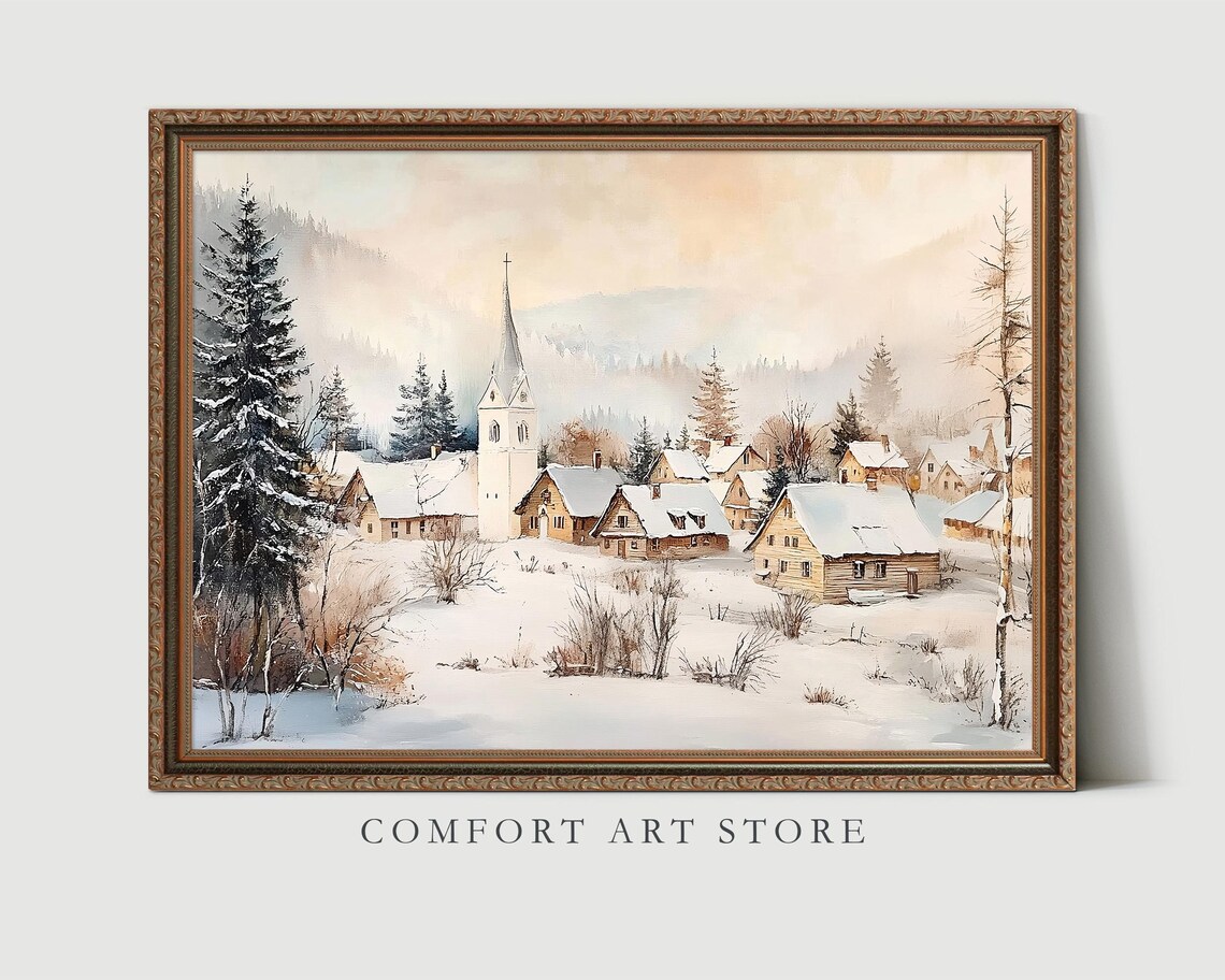 Snowy Village with Church Watercolor Winter Landscape Poster - Image 3