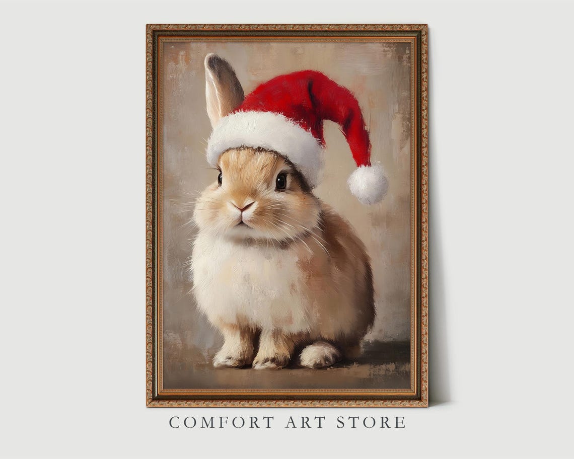 Adorable Bunny Wearing Santa Hat Christmas Portrait Art Poster - Image 3